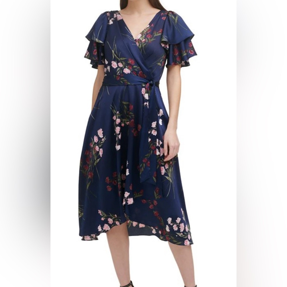 Floral Wrap Dress in Navy and Pink DKNY